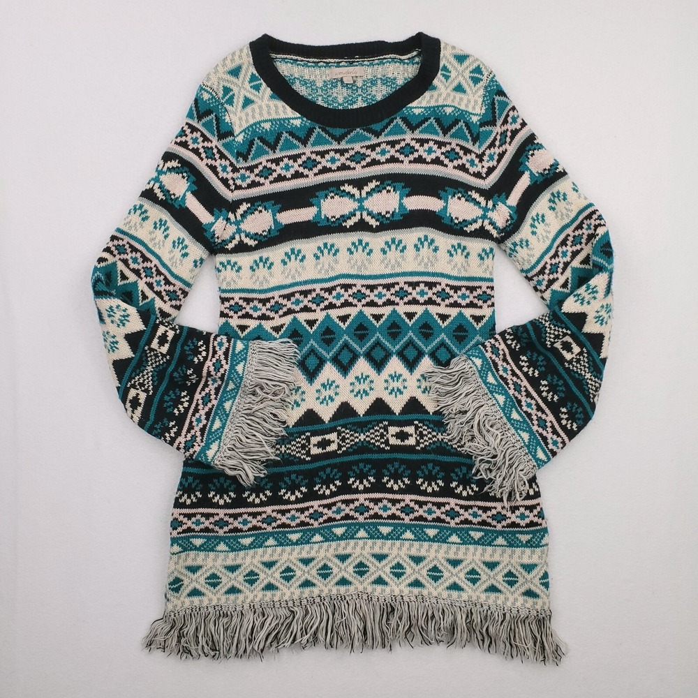 Wonderly Sweater Dress Womens Large Teal Cream Southwestern Navajo Aztec‎ Fringe